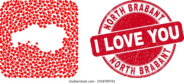 Vector mosaic North Brabant Province map of love heart items and grunge love badge. Mosaic geographic North Brabant Province map designed as stencil from rounded square shape with love hearts.
