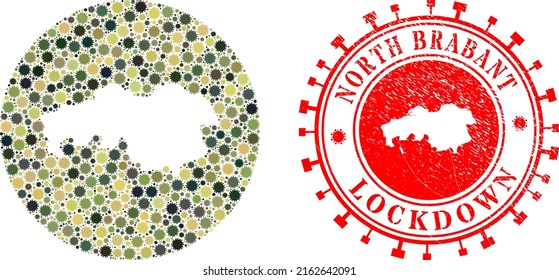 Vector mosaic North Brabant Province map of flu virus elements and grunge LOCKDOWN stamp.