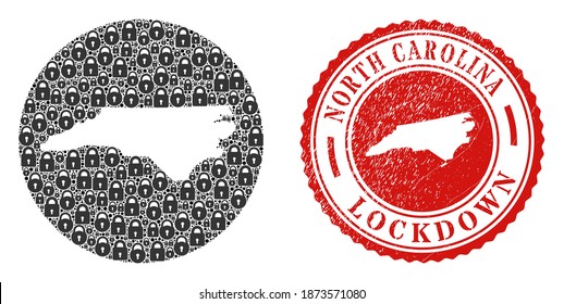 Vector mosaic North Carolina State map of locks and grunge LOCKDOWN seal stamp. Mosaic geographic North Carolina State map created as stencil from round shape with black locks.