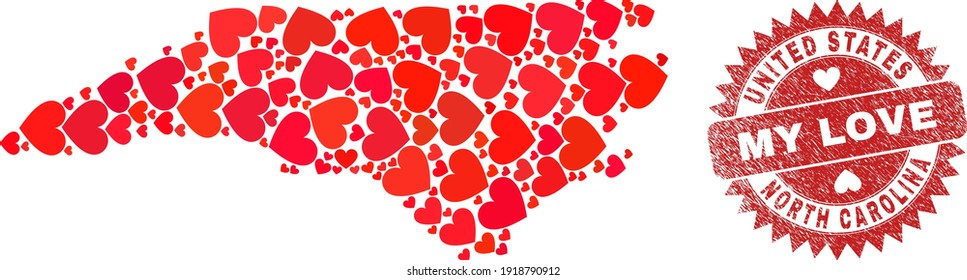 Vector mosaic North Carolina State map of lovely heart elements and grunge My Love seal. Mosaic geographic North Carolina State map designed with lovely hearts.