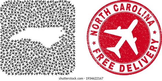 Mosaico vectorial del estado de Carolina del Norte de artículos de la aeronave y placa de entrega libre gruesa.