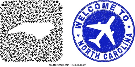 Vector mosaic North Carolina State map of airline elements and grunge Welcome seal stamp. Mosaic geographic North Carolina State map designed as carved shape from rounded square shape with air planes.