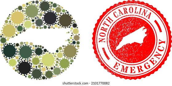 Mosaico vectorial del estado de Carolina del Norte de elementos del virus sars y placa de EMERGENCIA gruesa.