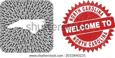 Vector mosaic North Carolina State map of straight arrows and rubber Welcome seal stamp. Mosaic geographic North Carolina State map designed as hole from rounded square using navigation arrows.