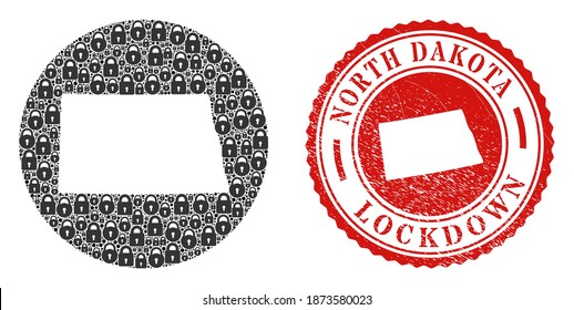 Vector mosaic North Dakota State map of locks and grunge LOCKDOWN stamp. Mosaic geographic North Dakota State map created as carved shape from round shape with black locks.