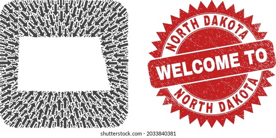 Vector mosaic North Dakota State map of motion arrows and rubber Welcome seal stamp. Mosaic geographic North Dakota State map created as subtraction from rounded square with moving arrows.