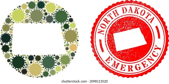 Vector mosaic North Dakota State map of covid virus elements and grunge EMERGENCY seal stamp.