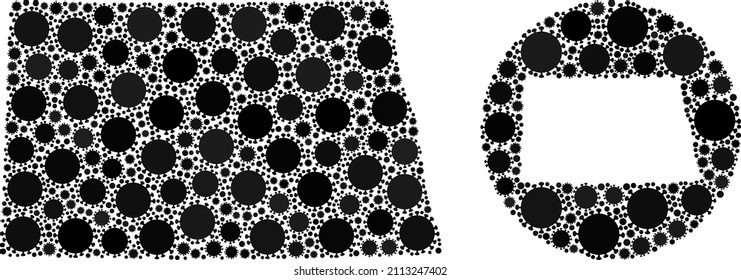 Vector mosaic North Dakota State map of SARS virus elements. Mosaic geographic North Dakota State map constructed as carved shape from round shape with covid infection elements in black colors.