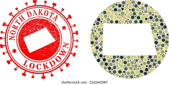 Vektor-Mosaik North Dakota State Karte der Virus-Ausbruch-Symbole und Grunge LOCKDOWN-Siegel.