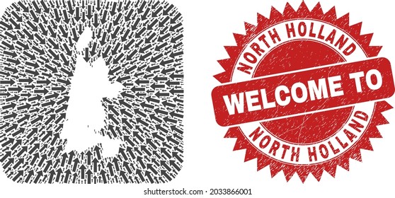 Vector mosaic North Holland map of moving arrows and rubber Welcome stamp. Collage geographic North Holland map created as stencil from rounded square shape with delivery arrows.