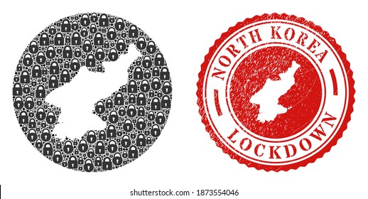 Vector mosaic North Korea map of locks and grunge LOCKDOWN seal. Mosaic geographic North Korea map constructed as carved shape from round shape with black locks.