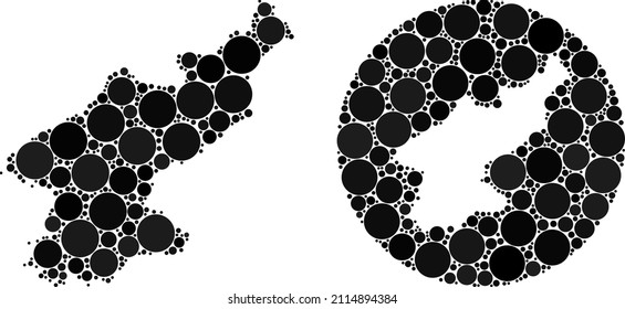 Vector mosaic North Korea map of sphere items. Mosaic geographic North Korea map created as hole from round shape with sphere items in black colors. Dot vector mosaic North Korea map.