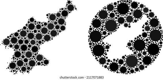 Vector mosaic North Korea map of flu virus items. Mosaic geographic North Korea map created as stencil from circle with sars virus items in black colors. Illustration for quarantine purposes.