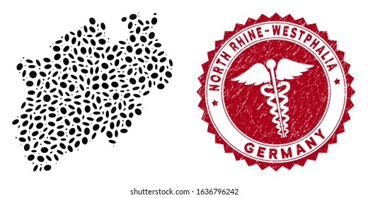 Vector mosaic North Rhine-Westphalia Land map and red round distressed stamp seal with health care icon. North Rhine-Westphalia Land map collage composed with ellipse elements.