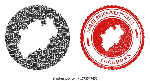 Vector mosaic North Rhine-Westphalia Land map of locks and grunge LOCKDOWN seal stamp. Mosaic geographic North Rhine-Westphalia Land map created as carved shape from circle with black locks.