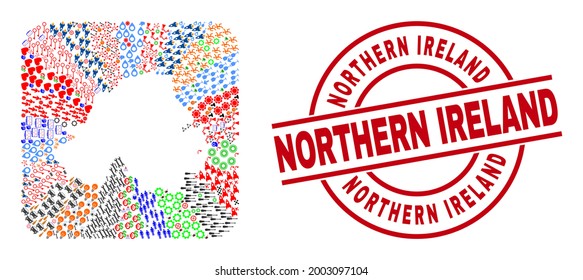 Vector mosaic Northern Ireland map of different pictograms and Northern Ireland seal stamp. Mosaic Northern Ireland map designed as stencil from rounded square shape.