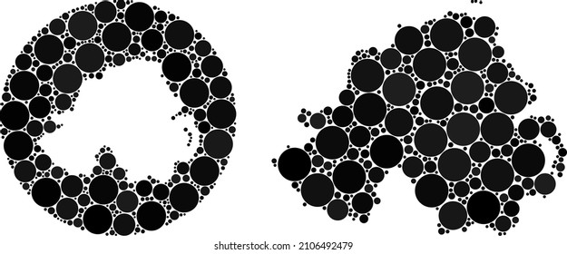Vector mosaic Northern Ireland map of circle dots. Mosaic geographic Northern Ireland map constructed as stencil from circle with circle dots in black colors.