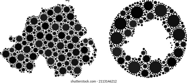 Vector mosaic Northern Ireland map of sars virus elements. Mosaic geographic Northern Ireland map constructed as stencil from round shape with virus elements in black colors.