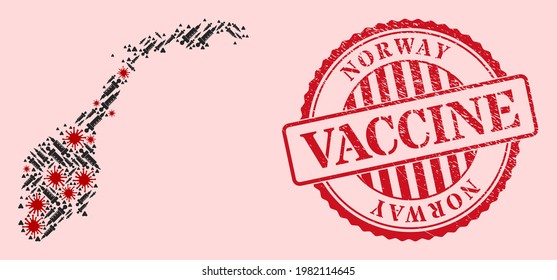 Vector mosaic Norway map of covid-2019 virus, vaccination icons, and red grunge vaccination stamp. Virus items and inoculation items inside Norway map.