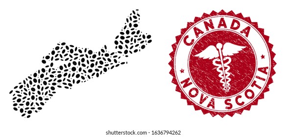 Vector mosaic Nova Scotia Province map and red round grunge stamp watermark with clinic sign. Nova Scotia Province map collage created with oval spots. Red round clinic watermark,