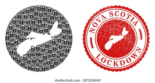Vector mosaic Nova Scotia Province map of locks and grunge LOCKDOWN seal stamp. Mosaic geographic Nova Scotia Province map designed as stencil from circle with black locks.