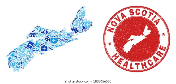 Vector mosaic Nova Scotia Province map of healthcare icons, labs symbols, and grunge health care imprint. Red round watermark with grunge rubber texture and Nova Scotia Province map text and map.