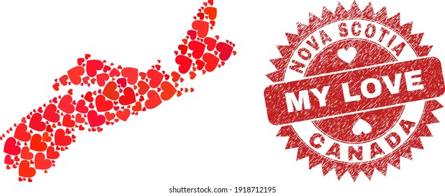 Vector mosaic Nova Scotia Province map of lovely heart elements and grunge My Love stamp. Mosaic geographic Nova Scotia Province map created with lovely hearts.