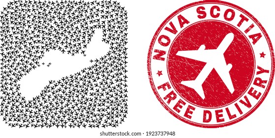 Vector mosaic Nova Scotia Province map of aviation items and grunge Free Delivery stamp.