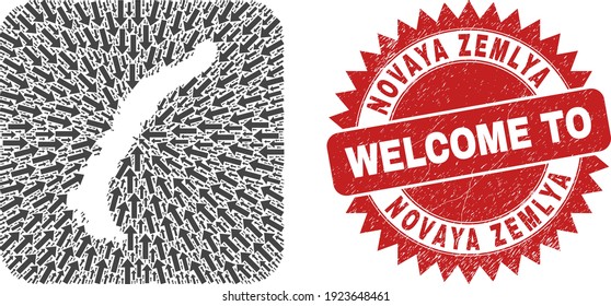 Vector mosaic Novaya Zemlya Islands map of navigation arrows and rubber Welcome seal stamp. Mosaic geographic Novaya Zemlya Islands map designed as hole from rounded square shape with movement arrows.