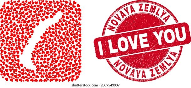 Vector mosaic Novaya Zemlya Islands map of lovely heart items and grunge love seal stamp. Mosaic geographic Novaya Zemlya Islands map constructed as stencil from rounded square using love hearts.