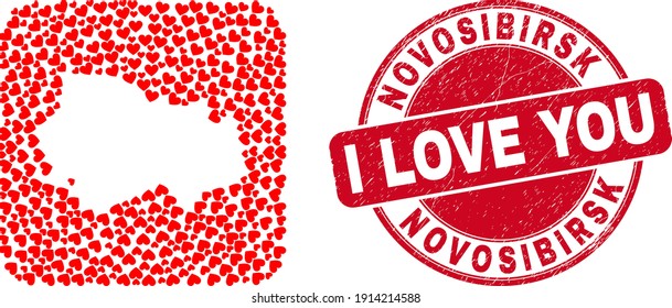 Vector mosaic Novosibirsk Region map of love heart items and grunge love seal stamp. Mosaic geographic Novosibirsk Region map created as carved shape from rounded square shape with valentine hearts.