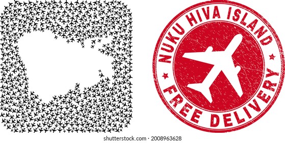 Vector mosaic Nuku Hiva Island map of air plane items and grunge Free Delivery seal.