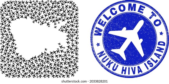 Vector mosaic Nuku Hiva Island map of air plane elements and grunge Welcome seal. Mosaic geographic Nuku Hiva Island map designed as subtraction from rounded square shape with aviation.