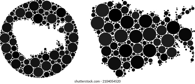 Vector mosaic Nuku Hiva Island map of spheric parts. Mosaic geographic Nuku Hiva Island map designed as stencil from circle with spheric parts in black color hues.