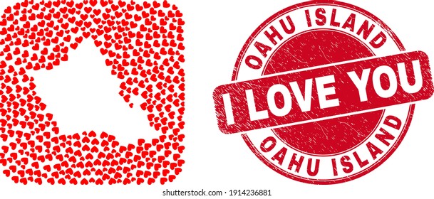 Vector mosaic Oahu Island map of lovely heart elements and grunge love badge. Mosaic geographic Oahu Island map designed as carved shape from rounded square shape with love hearts.