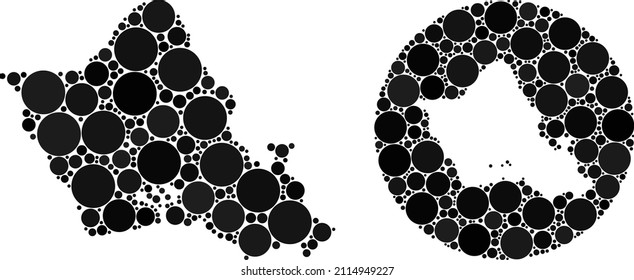 Vector mosaic Oahu Island map of sphere items. Mosaic geographic Oahu Island map is designed as carved shape from round shape with round items in black colors. Dot vector mosaic Oahu Island map.