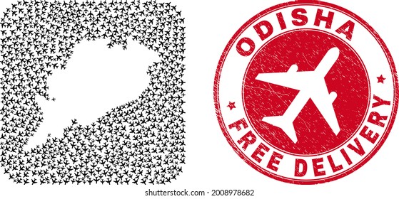 Vector mosaic Odisha State map of airplane items and grunge Free Delivery badge. Mosaic geographic Odisha State map created as carved shape from rounded square shape with coming out aeroplanes.