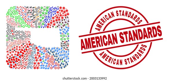 Vector mosaic Oklahoma State map of different symbols and American Standards badge. Mosaic Oklahoma State map created as stencil from rounded square. Red round badge with American Standards tag.