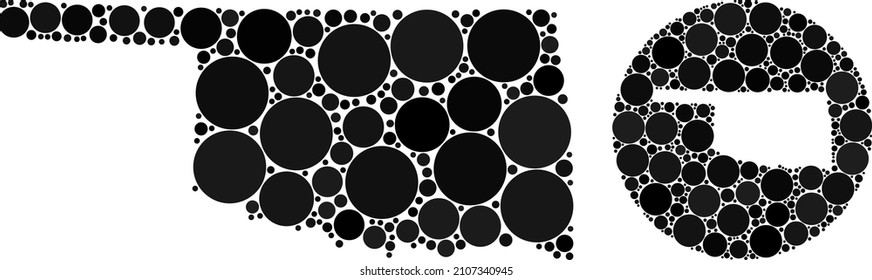 Vector mosaic Oklahoma State map of round items. Mosaic geographic Oklahoma State map constructed as carved shape from circle with round items in black colors. Dotted vector mosaic Oklahoma State map.