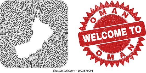 Vector mosaic Oman map of delivery arrows and rubber Welcome stamp. Collage geographic Oman map designed as hole from rounded square with direction arrows.