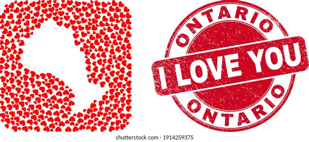 Vector mosaic Ontario Province map of lovely heart items and grunge love seal. Mosaic geographic Ontario Province map created as carved shape from rounded square shape with valentine hearts.