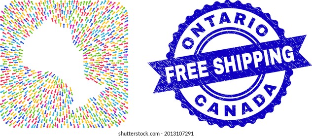 Vector mosaic Ontario Province map of moving arrows and grunge Free Shipping badge. Mosaic Ontario Province map designed as carved shape from rounded square shape with migration arrows.