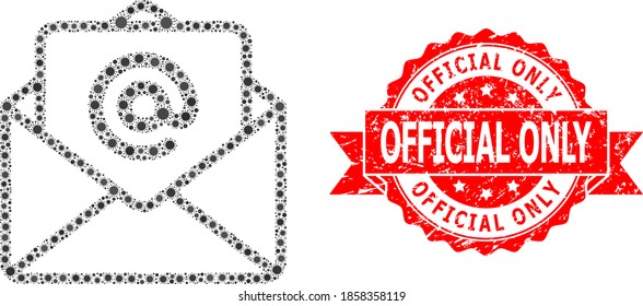 Vector mosaic open e-mail of corona virus, and Official Only unclean ribbon stamp seal. Virus elements inside open e-mail composition. Red stamp seal contains Official Only text inside ribbon.