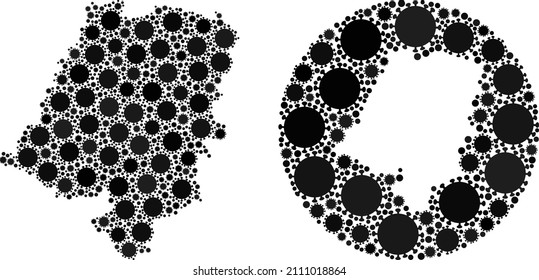 Vektormosaik Opole Voivodeship Karte der covid-Virus-Symbole. Mosaik geographische Opole Voivodeship Karte erstellt als karierte Form aus Kreis mit covid Virus-Symbole in schwarzen Farben.