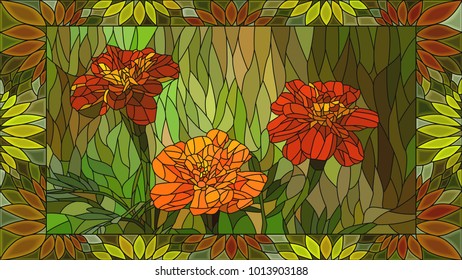 Vector mosaic with orange marigold in horizontal stained-glass window frame.