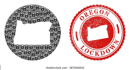 Mosaico vectorial del estado de Oregón mapa de cerraduras y sello de sello de RELOJ grueso. Mapa geográfico mosaico del estado de Oregón creado como esténcil de forma redonda con cerraduras negras.