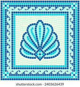 Ornamento vectorial de mosaico con cáscara en colores azules. Para cerámica, azulejos, ornamentos, fondos y otros proyectos.
