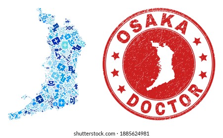 Mapa de la prefectura de Osaka con mosaicos vectoriales con iconos de la vacuna, símbolos del hospital e imitación de caucho de sanidad grunge. Impresión redonda roja con textura de caucho impura y mapa de la prefectura de Osaka.