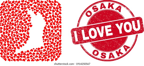 Vector mosaic Osaka Prefecture map of love heart items and grunge love seal stamp. Mosaic geographic Osaka Prefecture map constructed as hole from rounded square shape with valentine hearts.