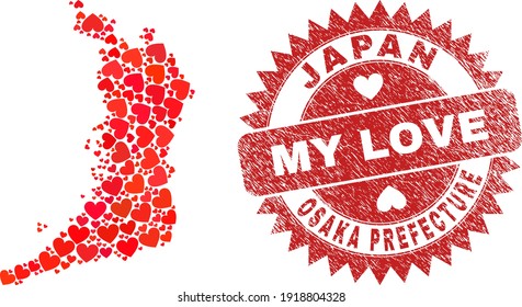 Vector mosaic Osaka Prefecture map of lovely heart elements and grunge My Love seal stamp. Mosaic geographic Osaka Prefecture map created with love hearts.